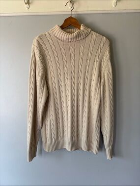 Vintage Cream Cable Knit Turtleneck Sweater Medium 100% Cotton Fall Classic